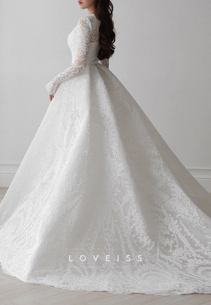 Square Long Sleeves Lace Appliques A-Line Wedding Dress
