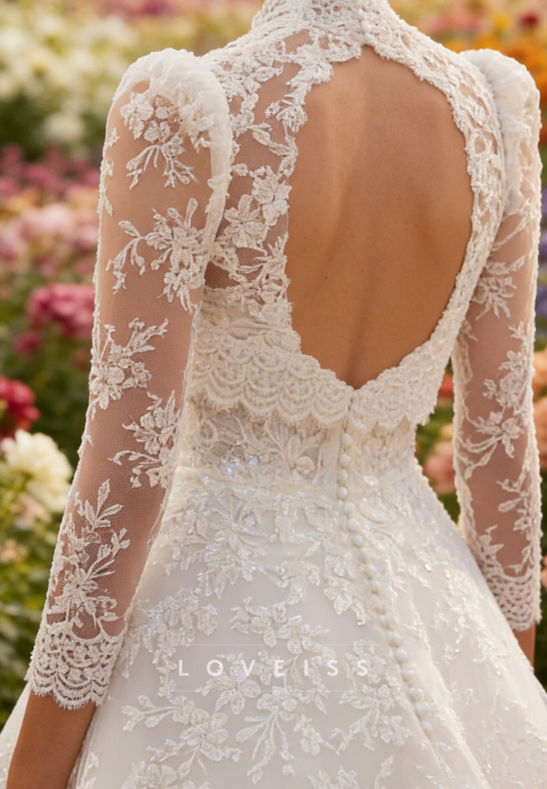 Square Long Sleeves Lace Appliques A-Line Wedding Dress