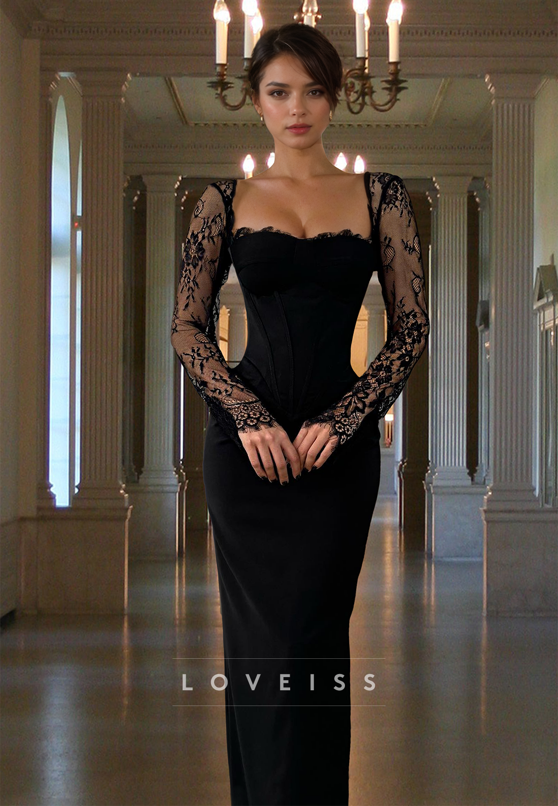 Square Long Sleeves Lace Appliques Bodycon Mermaid Formal Dress