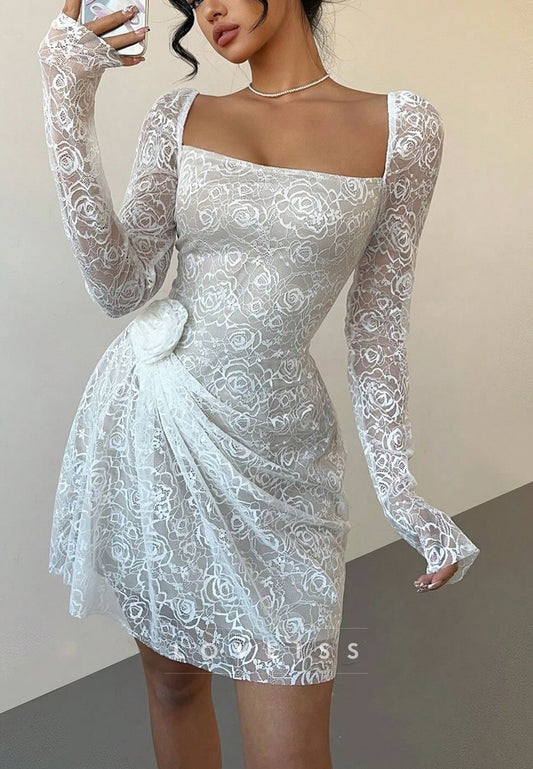 Square Long Sleeves Lace Appliques Ruched A-Line Party Homecoming Dress