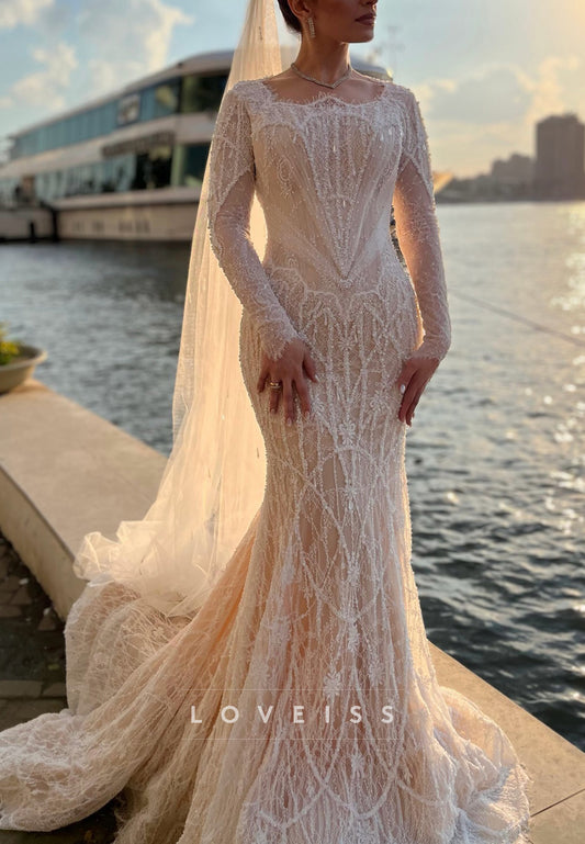 Square Long Sleeves Mermaid Beaded Embroidery Mermaid Wedding Dress