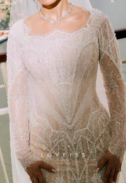 Square Long Sleeves Mermaid Beaded Embroidery Mermaid Wedding Dress
