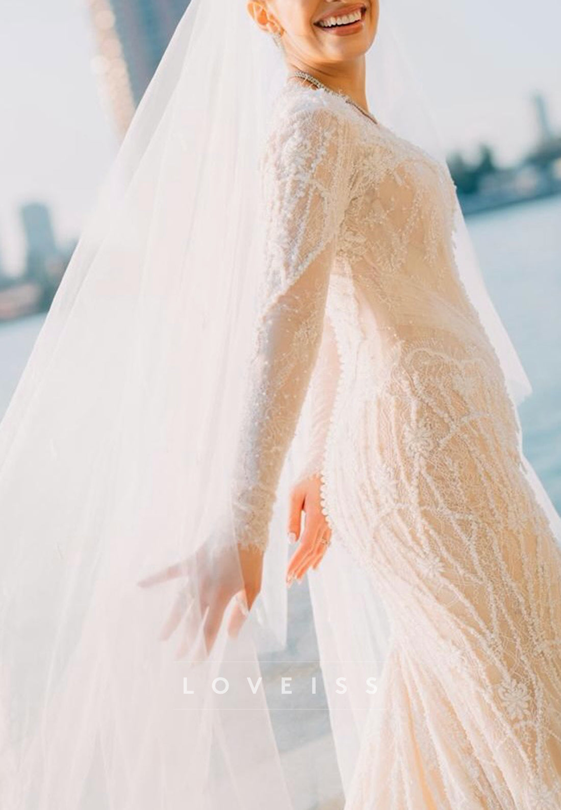Square Long Sleeves Mermaid Beaded Embroidery Mermaid Wedding Dress