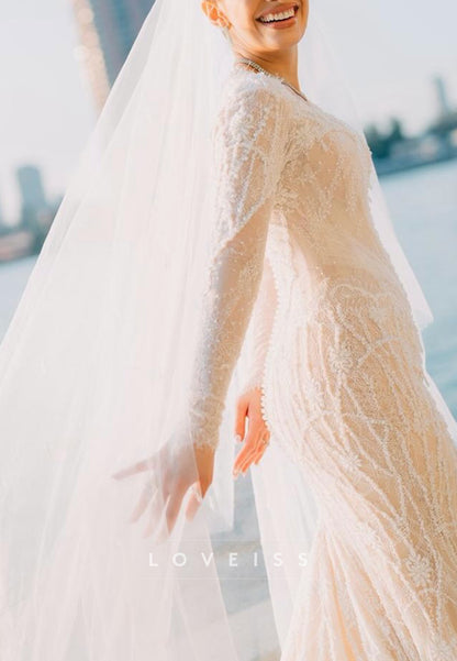 Square Long Sleeves Mermaid Beaded Embroidery Mermaid Wedding Dress