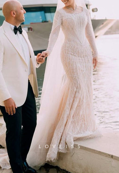 Square Long Sleeves Mermaid Beaded Embroidery Mermaid Wedding Dress