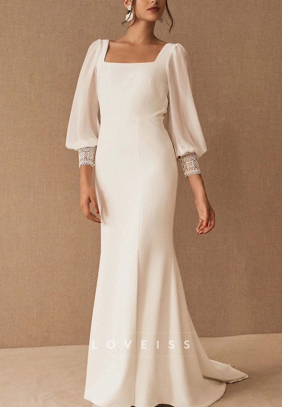 Square Long Sleeves Mermaid Simple Wedding Dress