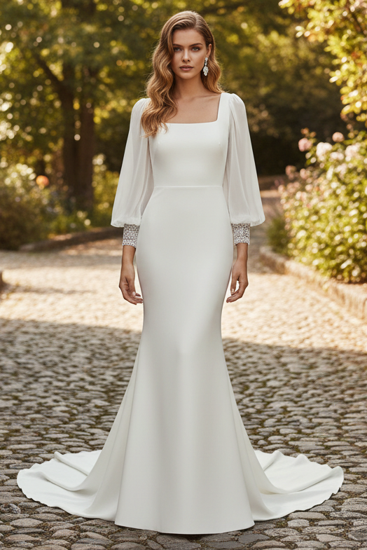 Square Long Sleeves Mermaid Simple Wedding Dress