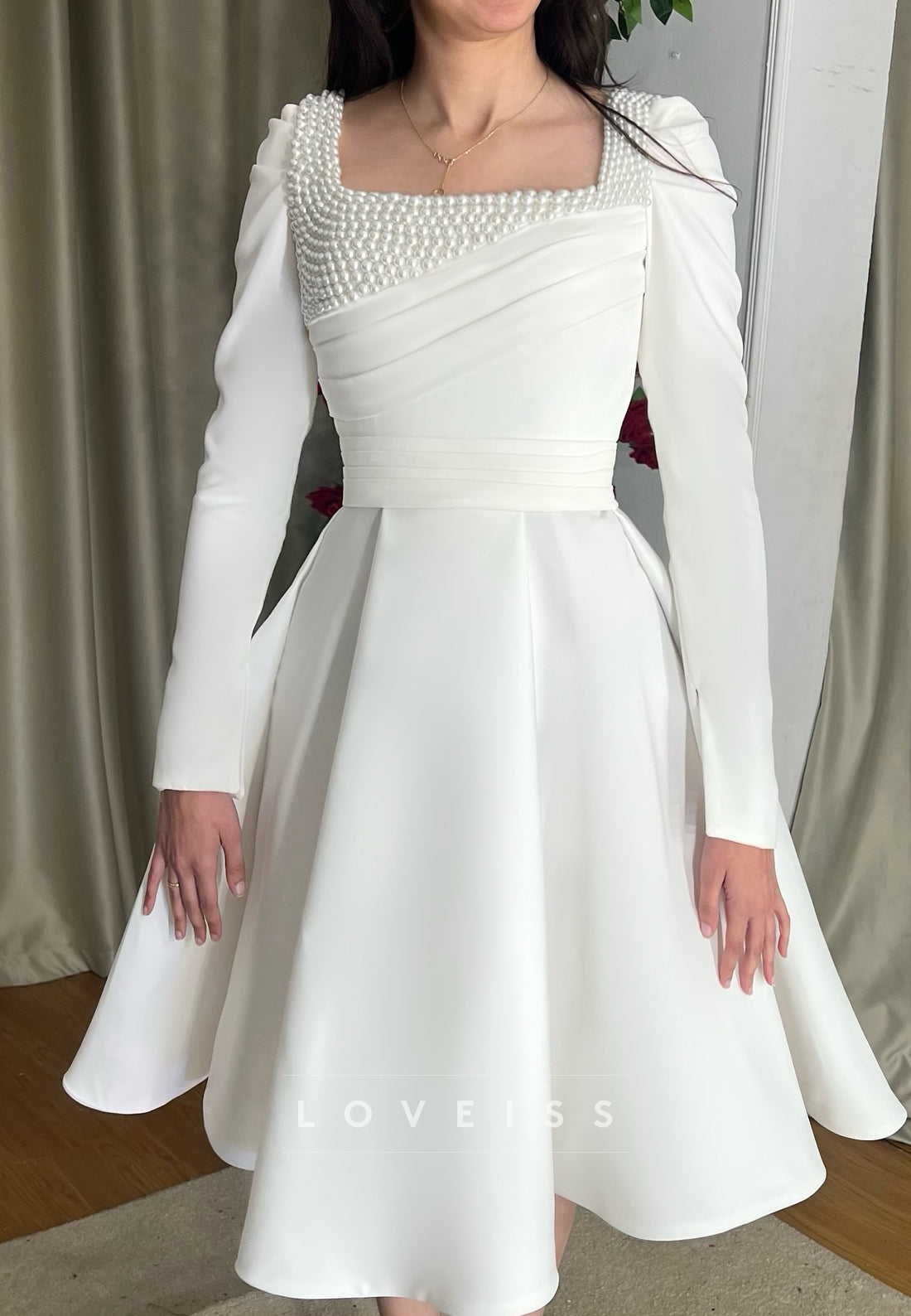 Square Long Sleeves Pearl A-Line Midi Wedding Dress