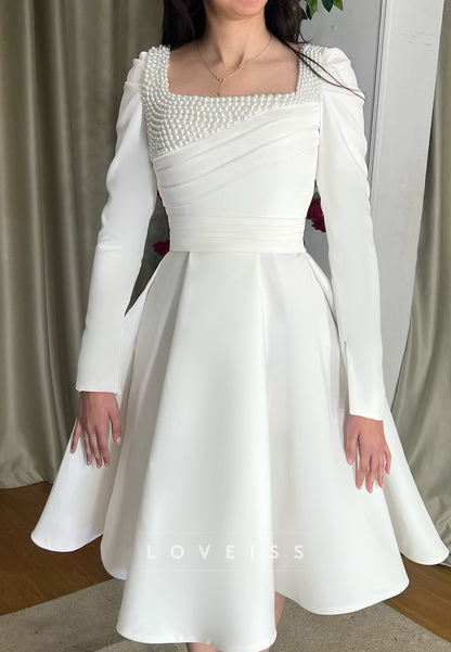 Square Long Sleeves Pearl A-Line Midi Wedding Dress