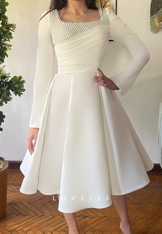 Square Long Sleeves Pearl A-Line Midi Wedding Dress