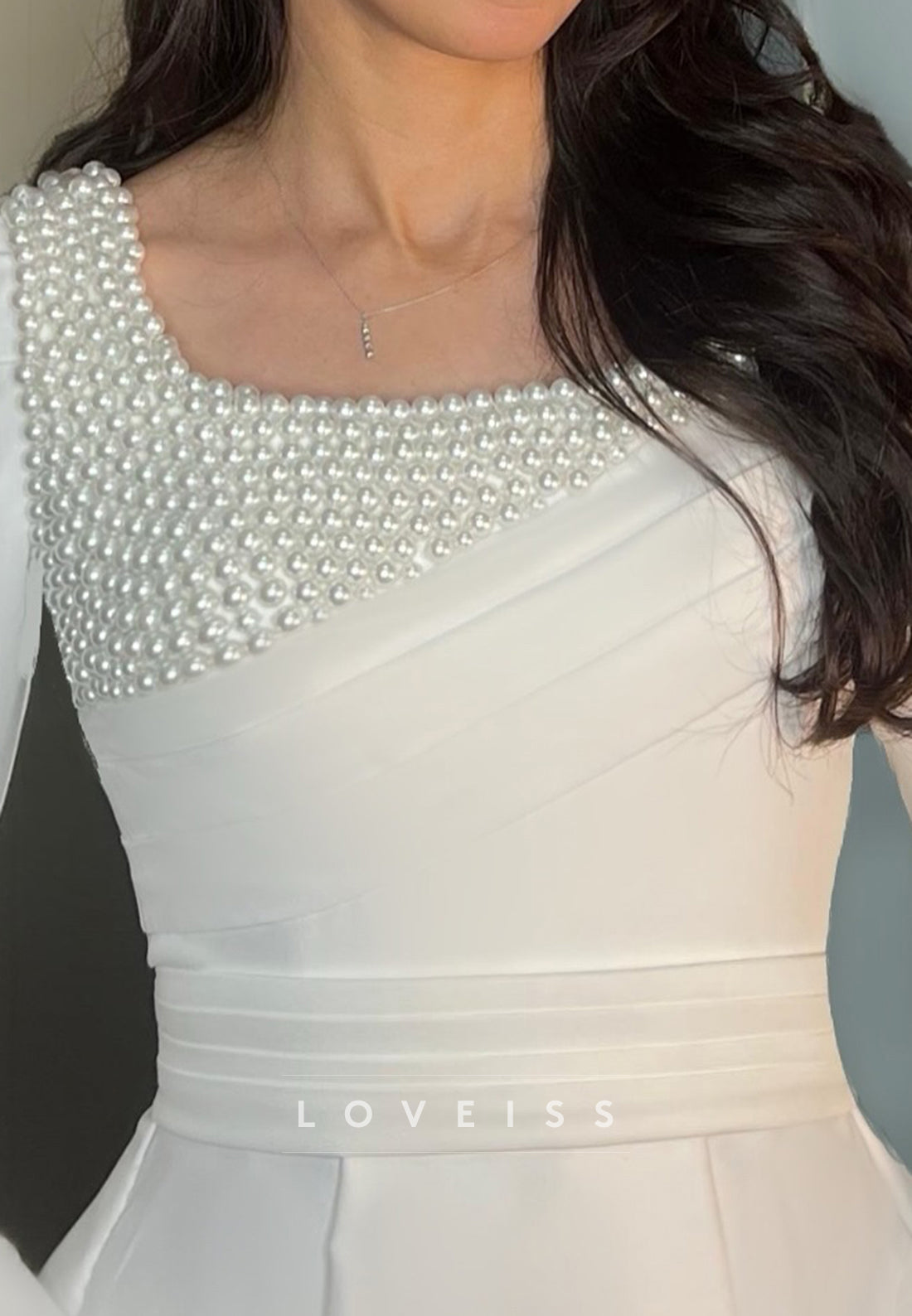 Square Long Sleeves Pearl A-Line Midi Wedding Dress