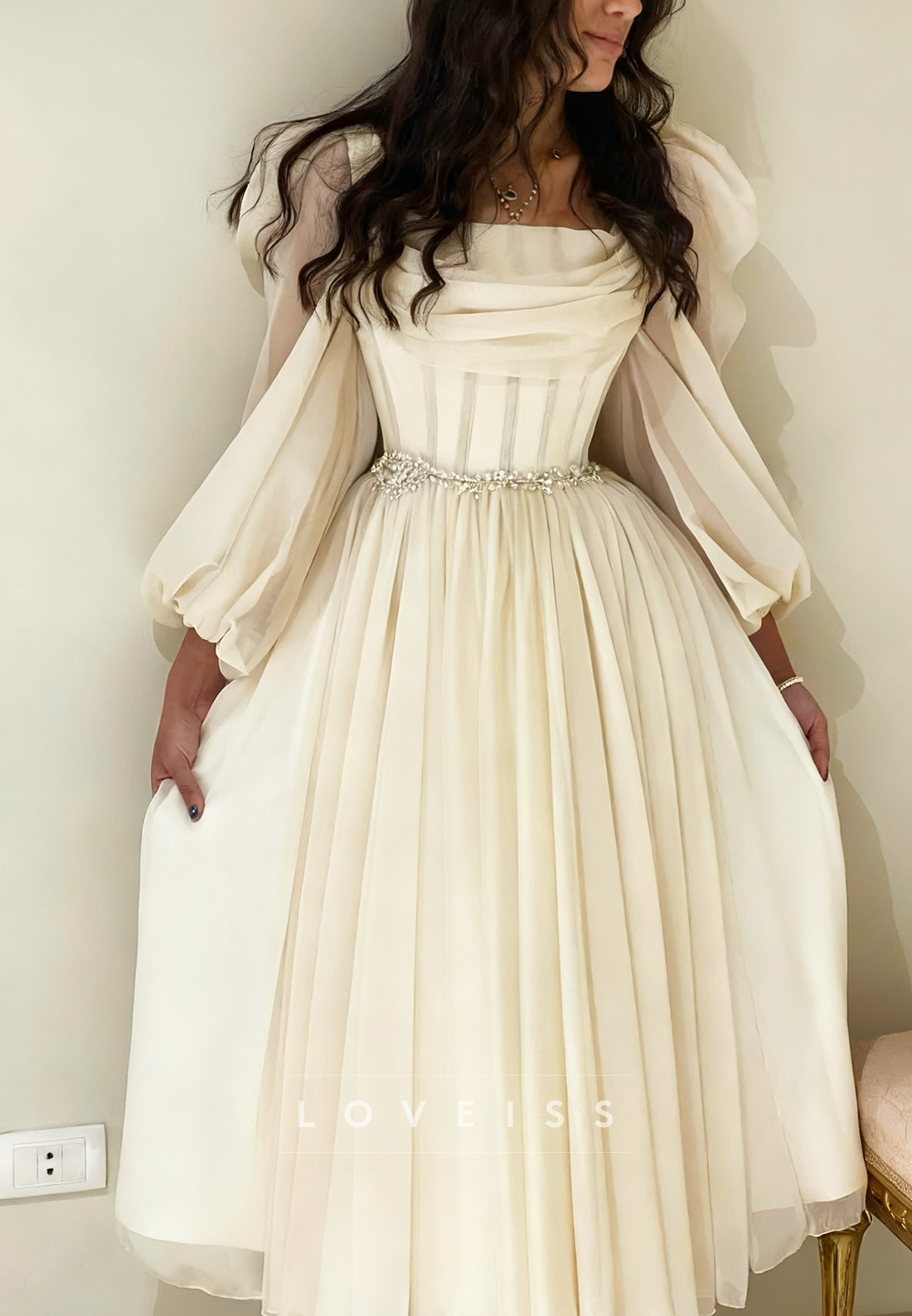 Square Long Sleeves Pleated A-Line Midi Prom Dress