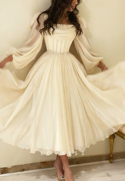 Square Long Sleeves Pleated A-Line Midi Prom Dress