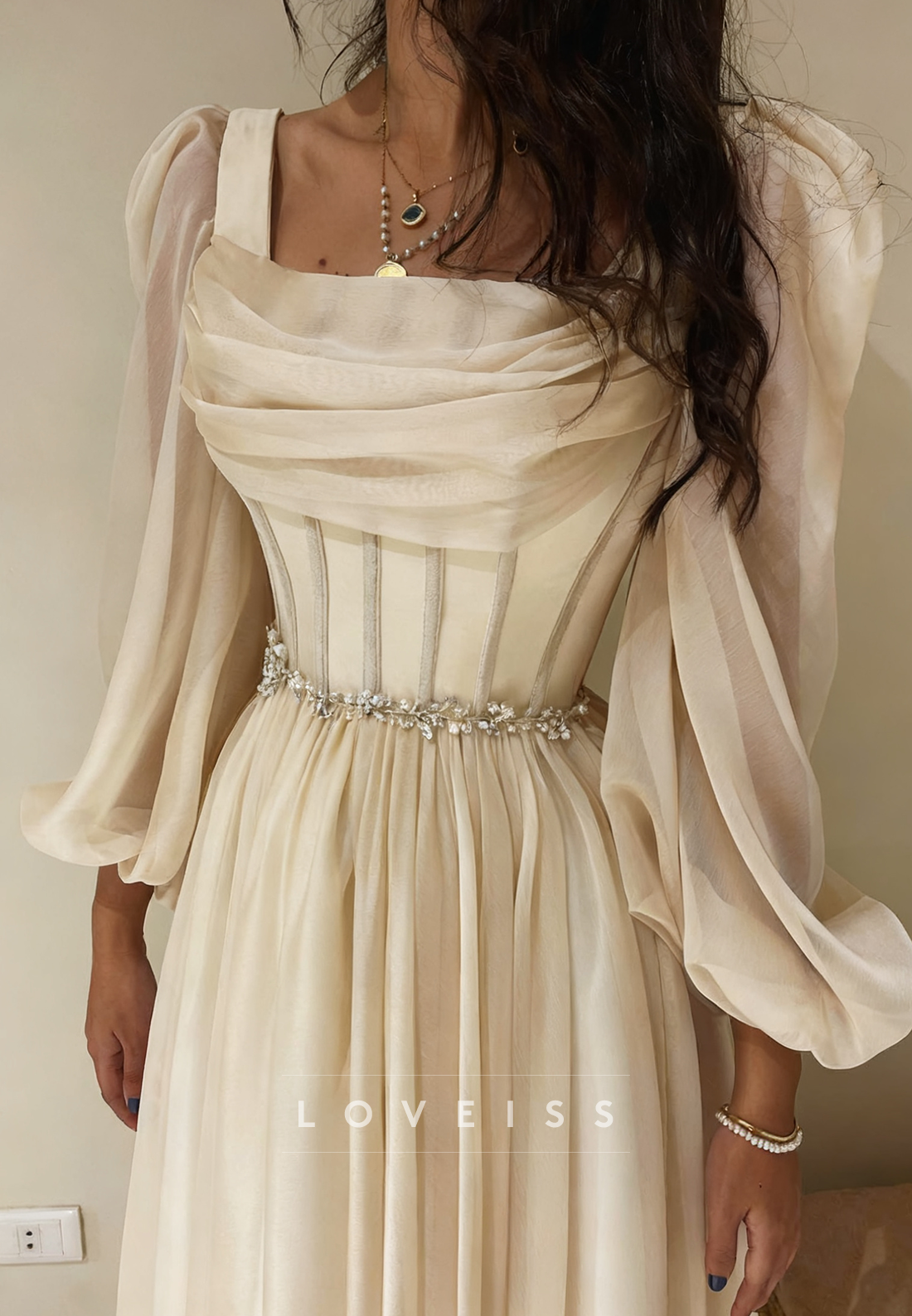 Square Long Sleeves Pleated A-Line Midi Prom Dress