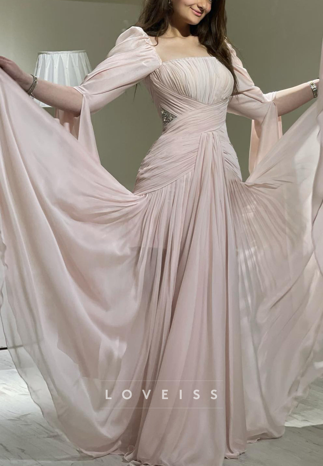 Square Long Sleeves Pleated Beaded A-Line Prom Dress