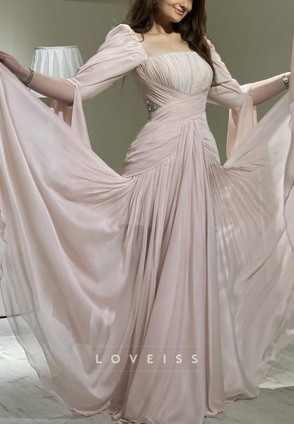 Square Long Sleeves Pleated Beaded A-Line Prom Dress