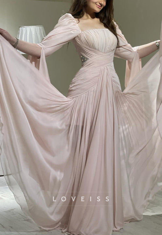 Square Long Sleeves Pleated Beaded A-Line Prom Dress