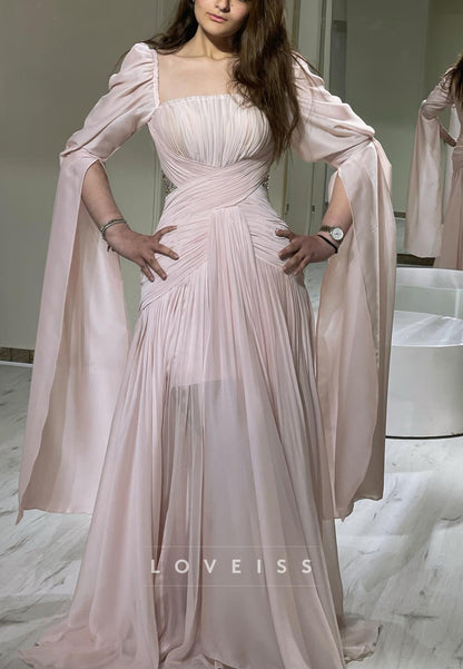Square Long Sleeves Pleated Beaded A-Line Prom Dress