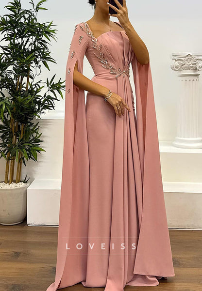 Square Long Sleeves Pleated Beaded Formal Dress