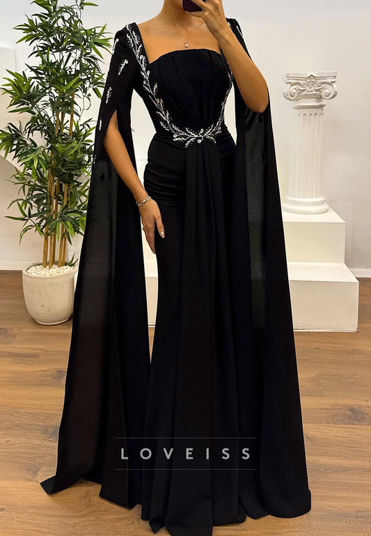 Square Long Sleeves Pleated Beaded Formal Dress