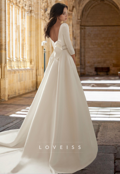 Square Long Sleeves Pleated Sleek Satin Side Slit A-Line Wedding Dress