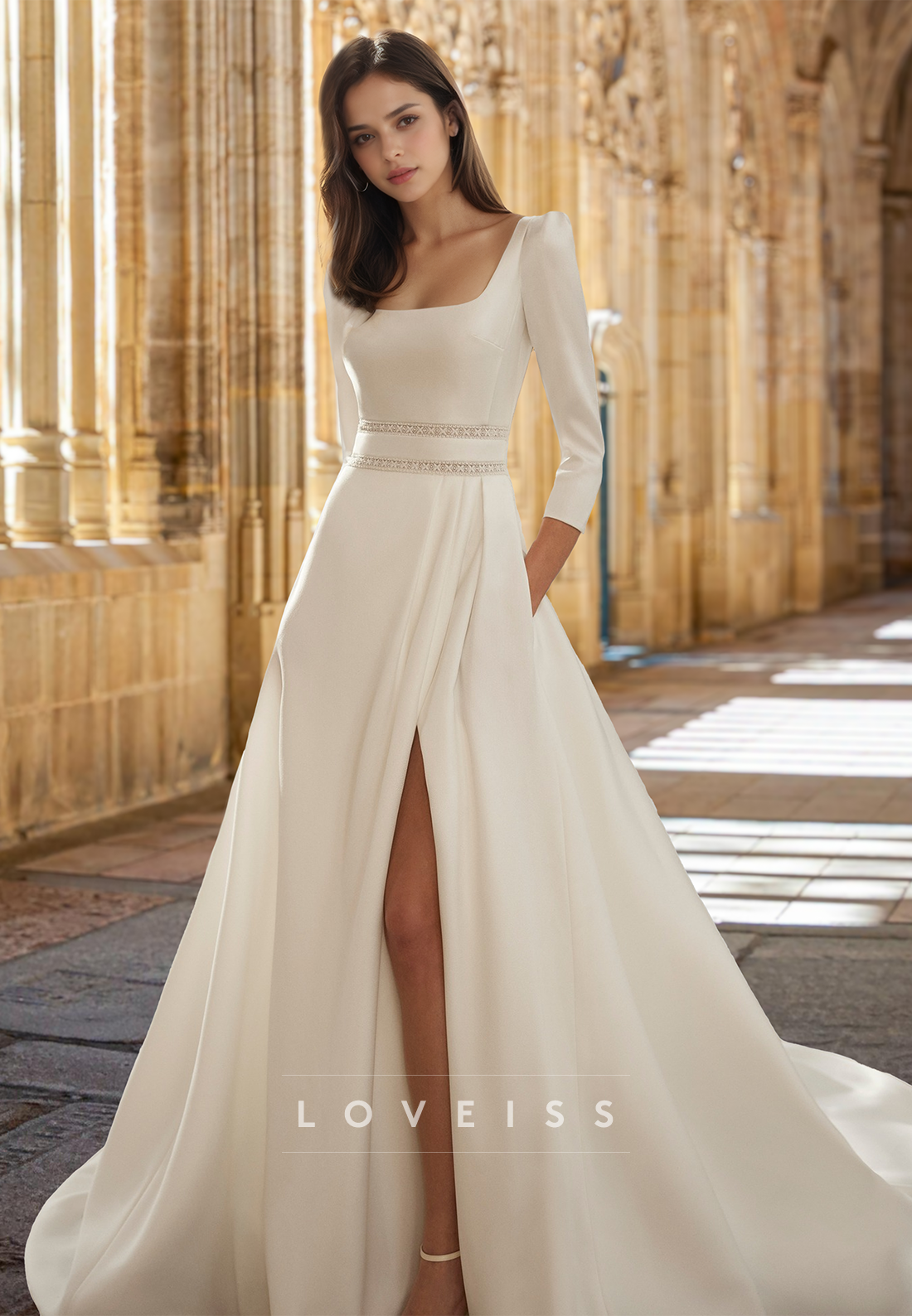 Square Long Sleeves Pleated Sleek Satin Side Slit A-Line Wedding Dress