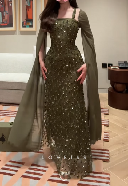 Square Long Sleeves Rhinestone Sheath Sparkly Formal Dress