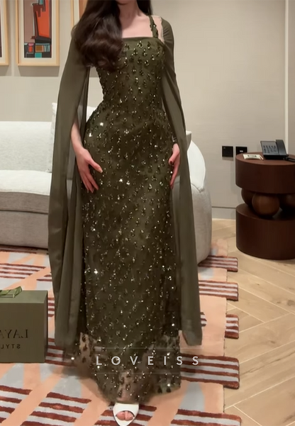 Square Long Sleeves Rhinestone Sheath Sparkly Formal Dress