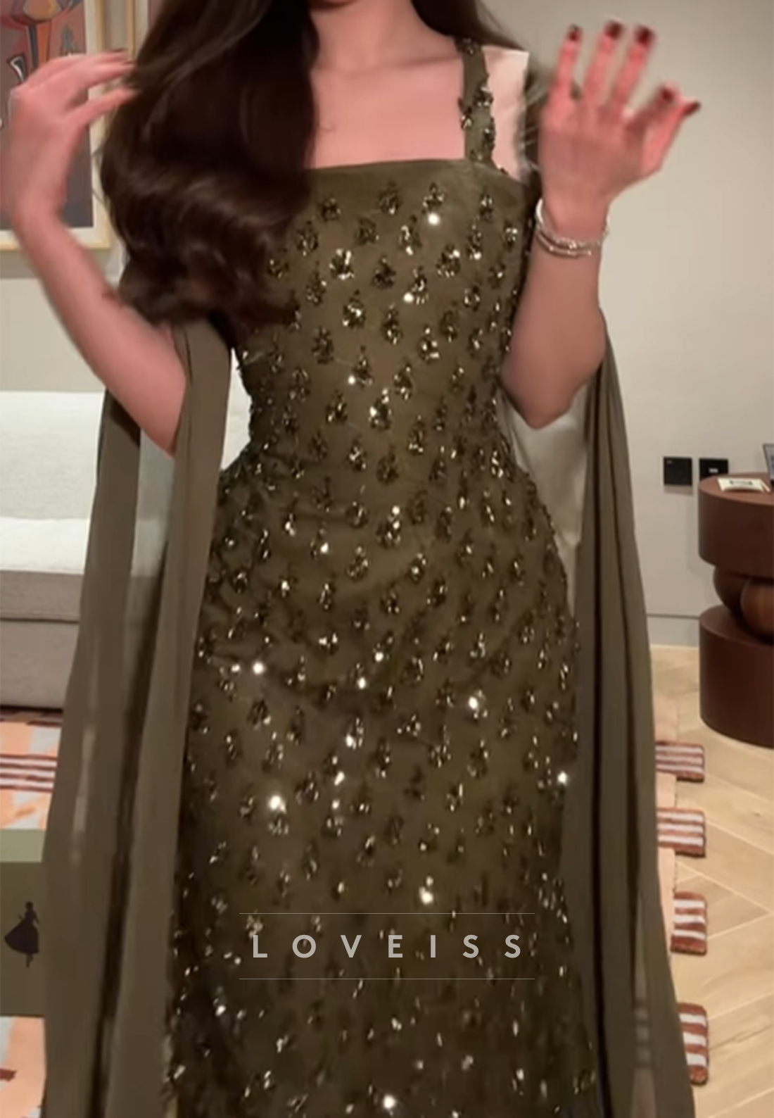 Square Long Sleeves Rhinestone Sheath Sparkly Formal Dress