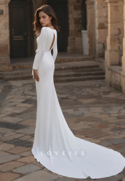 Square Long Sleeves Ruched Side Slit Wedding Dress