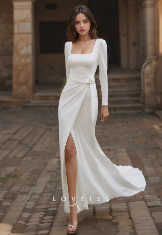 Square Long Sleeves Ruched Side Slit Wedding Dress