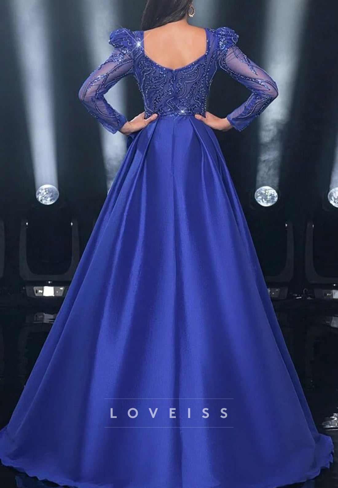 Square Long Sleeves Sequins Appliques A-Line Evening Dress