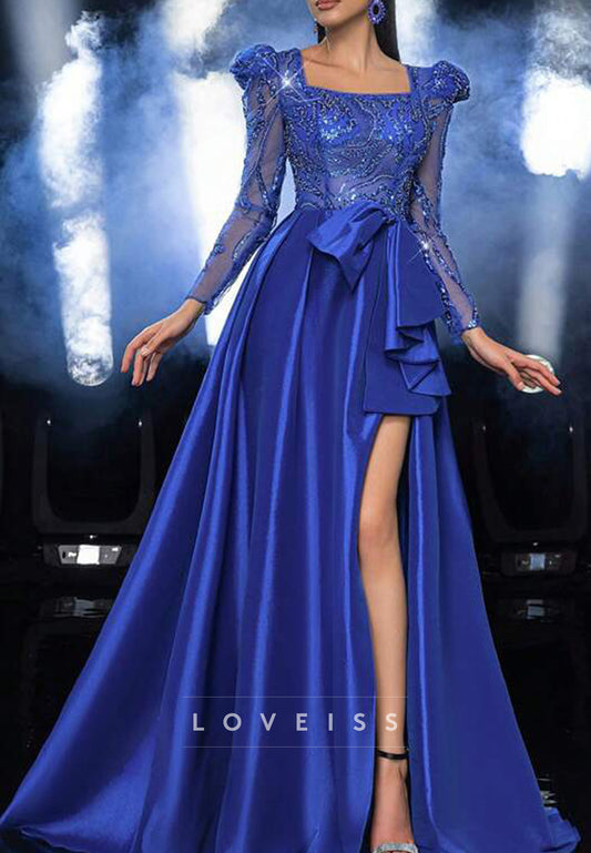 Square Long Sleeves Sequins Appliques A-Line Evening Dress