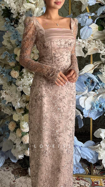 Square Long Sleeves Sequins Appliques Sheath Wedding Guest Dress