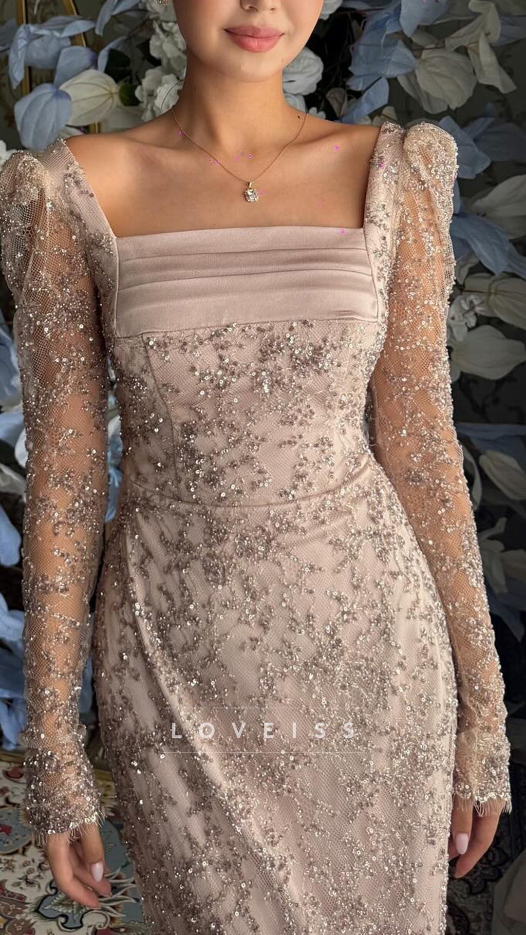 Square Long Sleeves Sequins Appliques Sheath Wedding Guest Dress