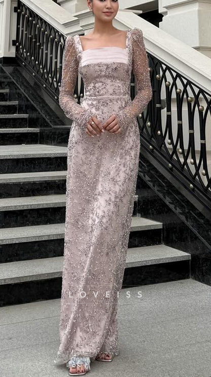 Square Long Sleeves Sequins Appliques Sheath Wedding Guest Dress