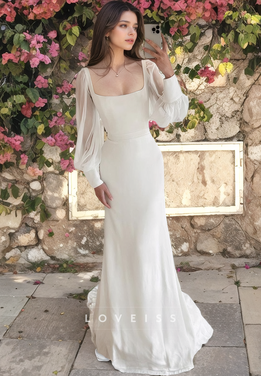 Square Long Sleeves Sleek Mermaid Beach Wedding Dress