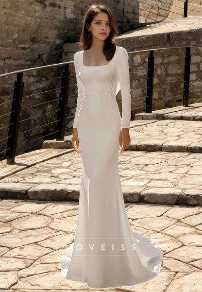 Square Long Sleeves Sleek Mermaid Simple Wedding Dress