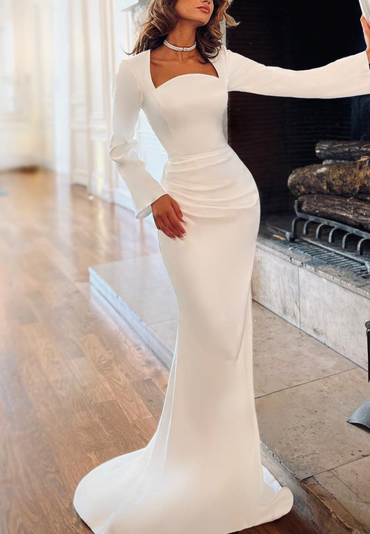 Square Long Sleeves Sleek Mermaid Wedding Dress