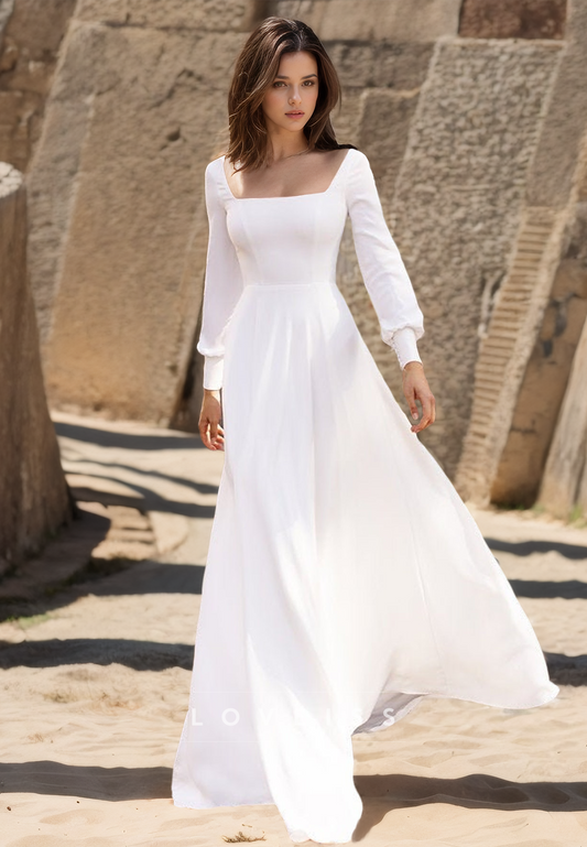 Square Long Sleeves Sleek Pleated A-Line Simple Wedding Dress