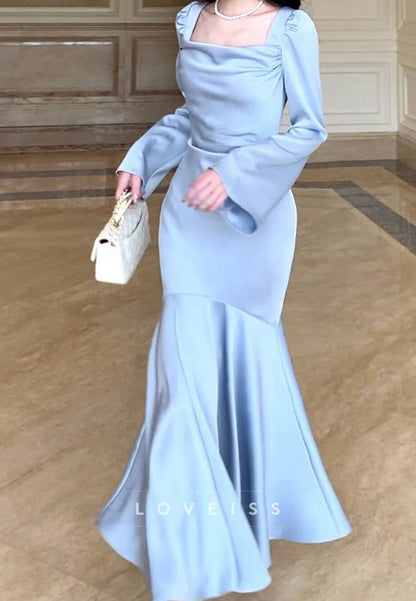 Square Long Sleeves Sleek Pleated Mermaid Formal Dress