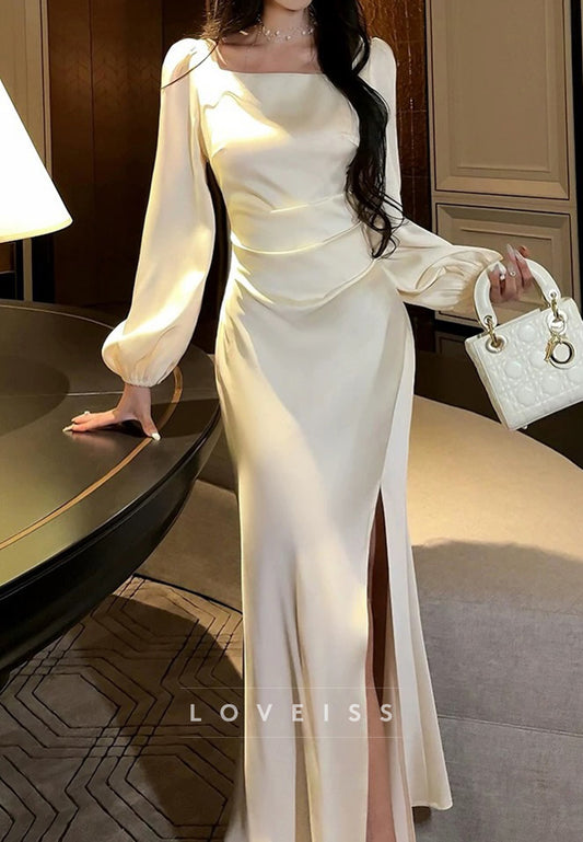 Square Long Sleeves Sleek Satin Sheath Evening Dress
