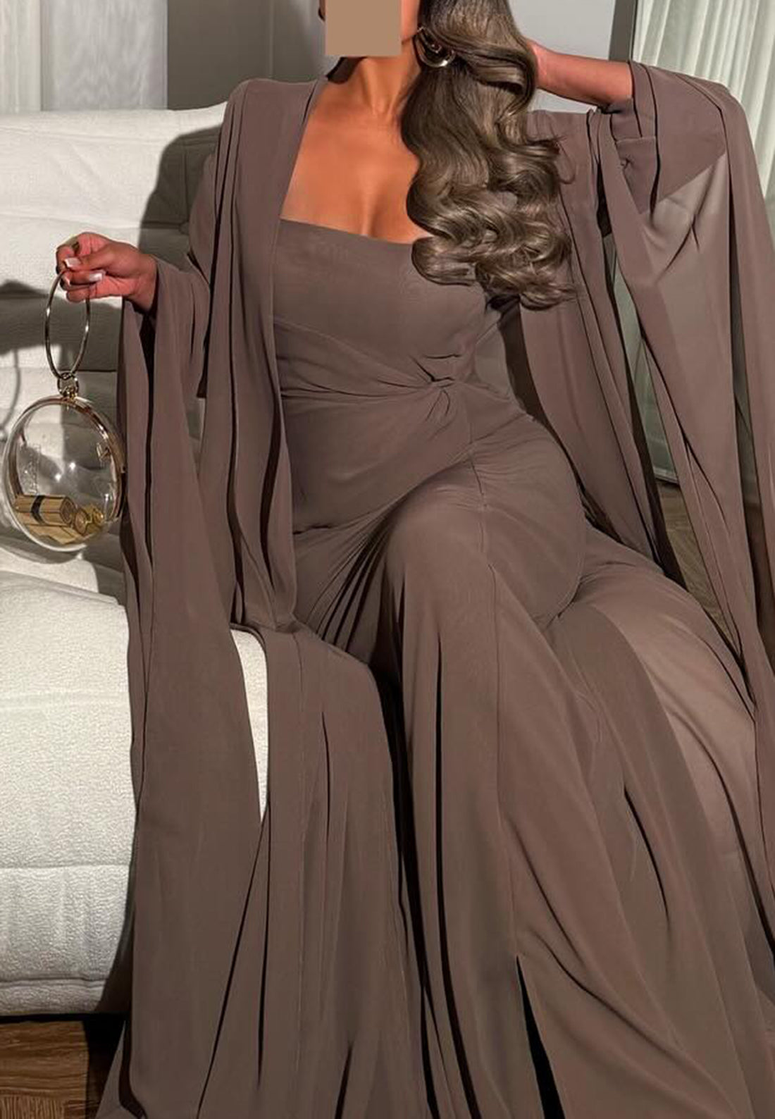 Square Long Sleeves Sleek Sheath Chiffon Evening Dress