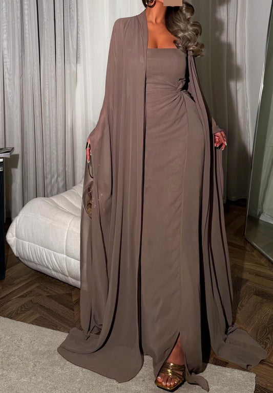 Square Long Sleeves Sleek Sheath Chiffon Evening Dress