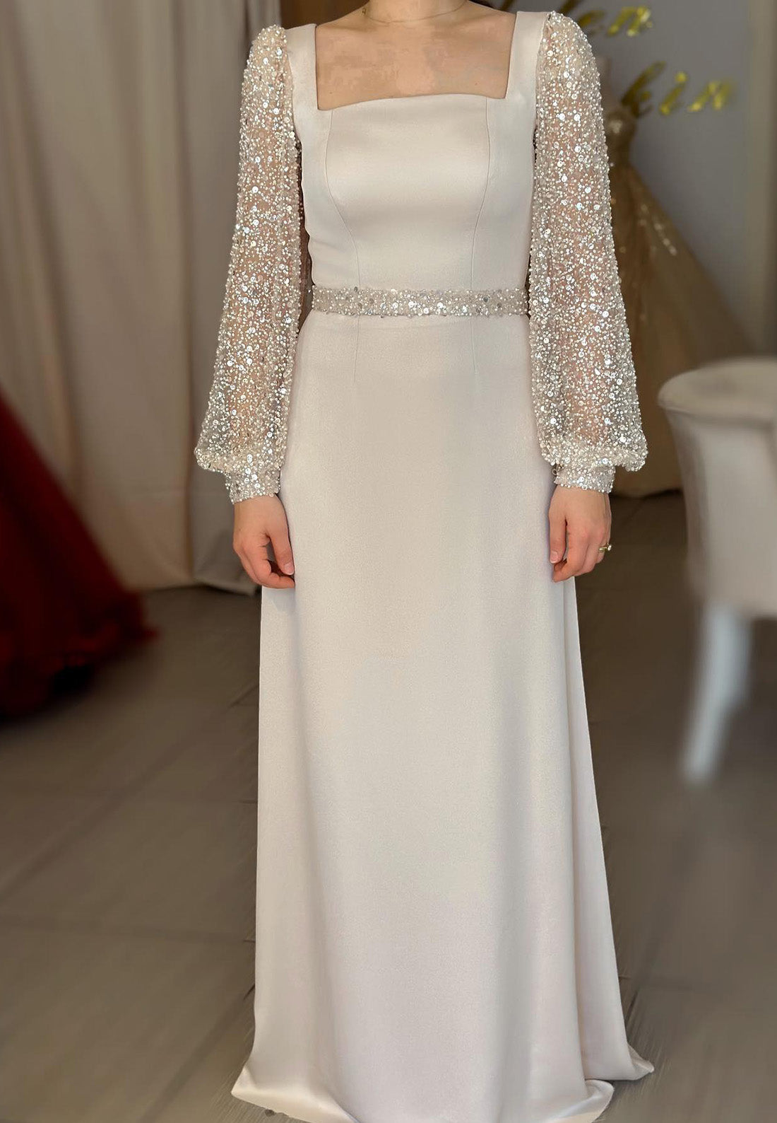 Square Long Sleeves Sleek Sheath Mother of Birde Dress