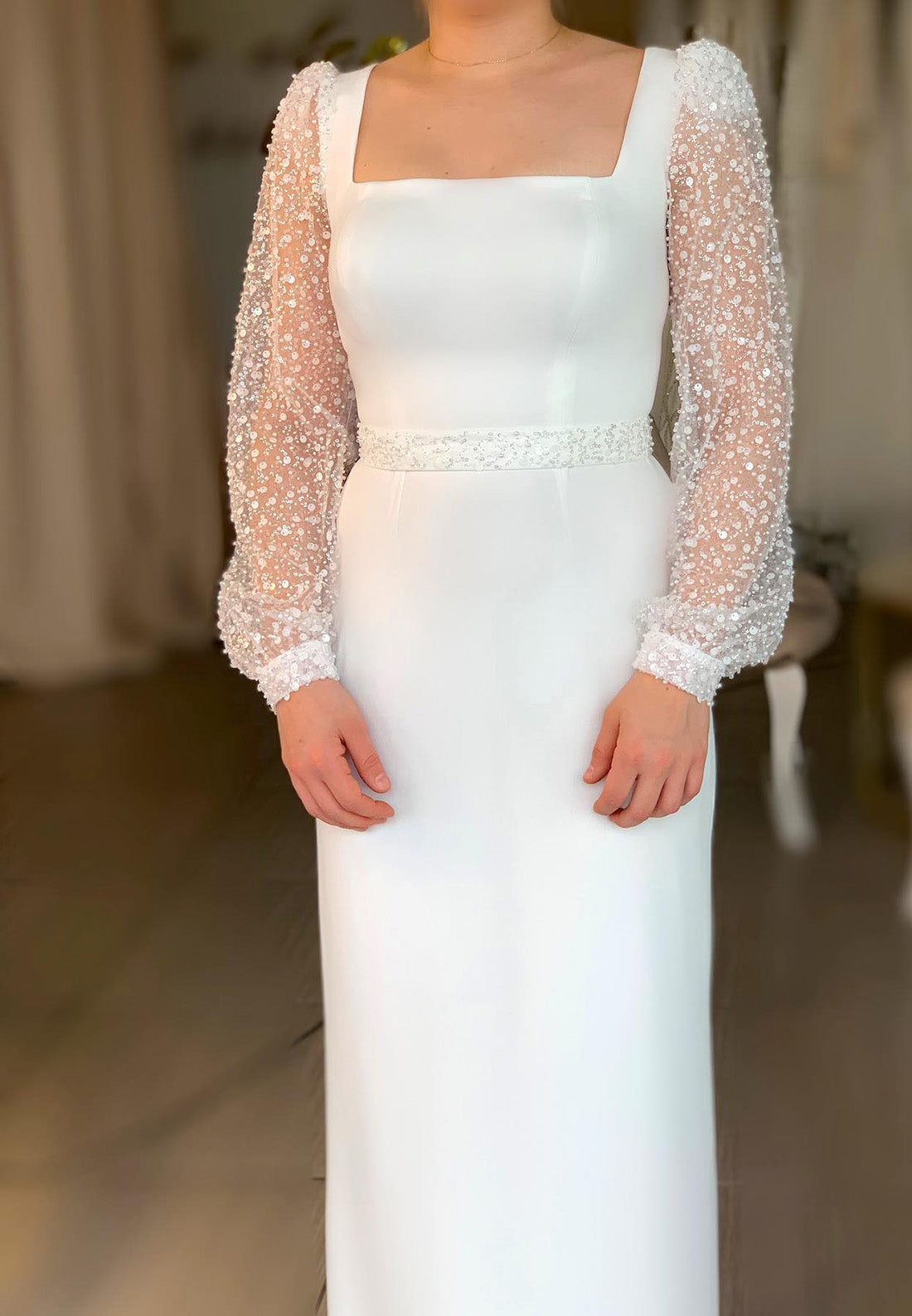 Square Long Sleeves Sleek Sheath Mother of Birde Dress