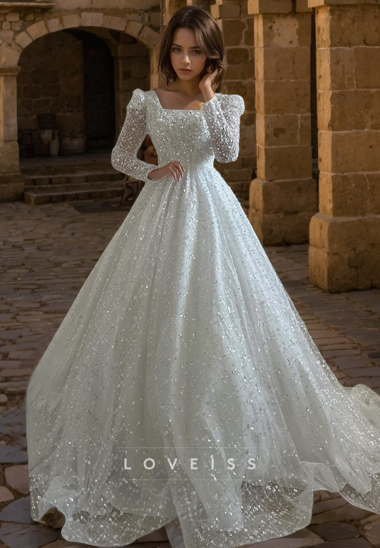 Square Long Sleeves Sparkly Ball Gown A-Line Wedding Dress