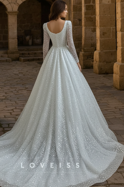 Square Long Sleeves Sparkly Ball Gown A-Line Wedding Dress