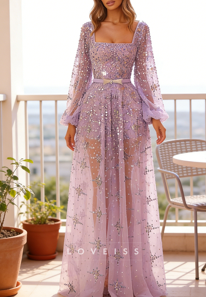 Square Long Sleeves Sparkly Beaded Embroidery A-Line Prom Dress