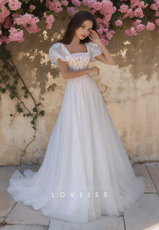 Square Puff Sleeves Appliques Tulle A-Line Beach Wedding Dress